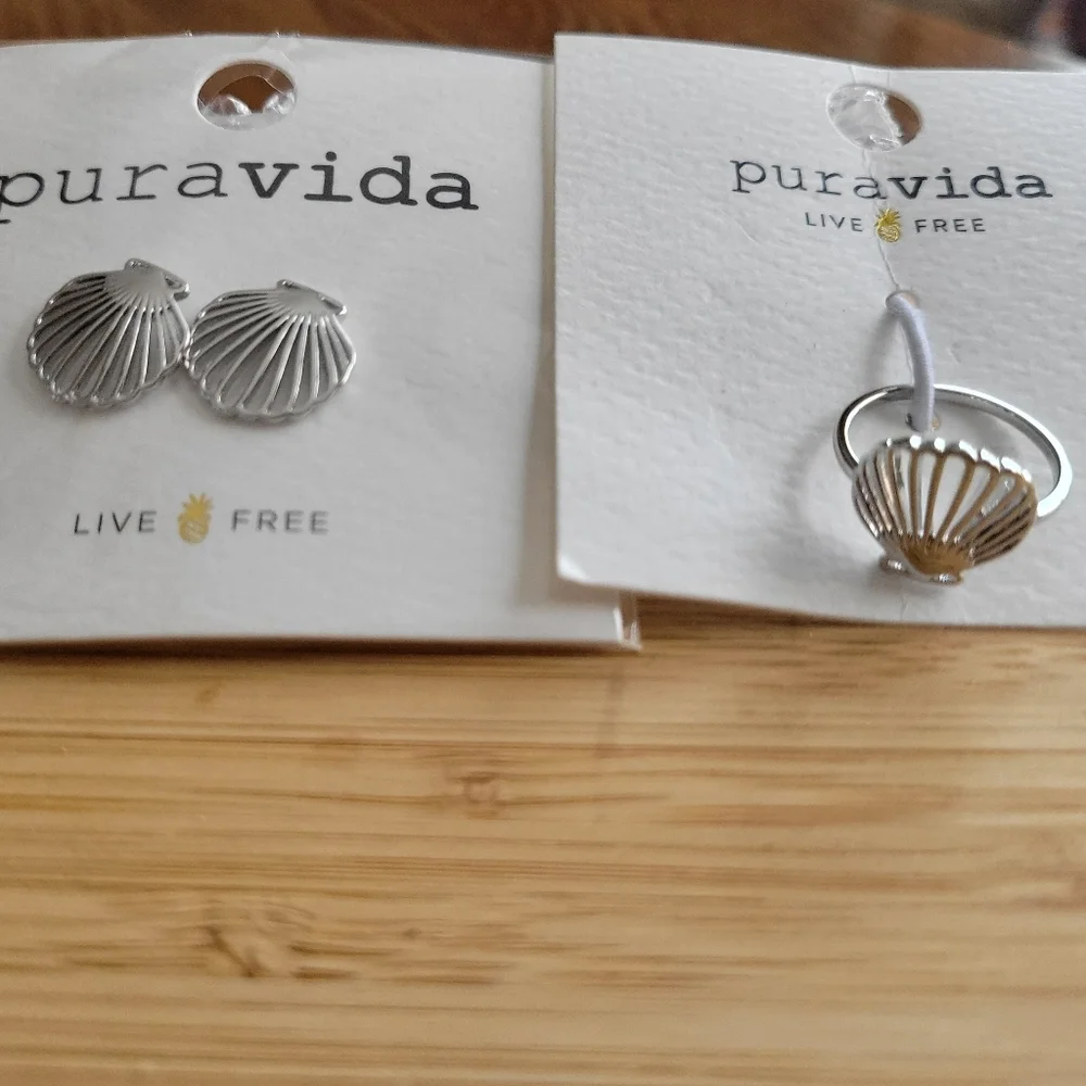 NWT Pura Vida Silver Seashell Earring & Ring Set - Picture 3 of 6